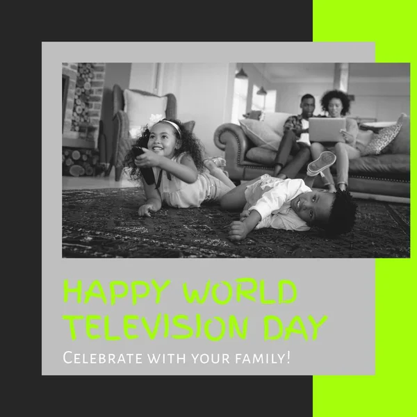 Composition of happy world television day text with african american family watching tv. Television day and celebration concept digitally generated image.