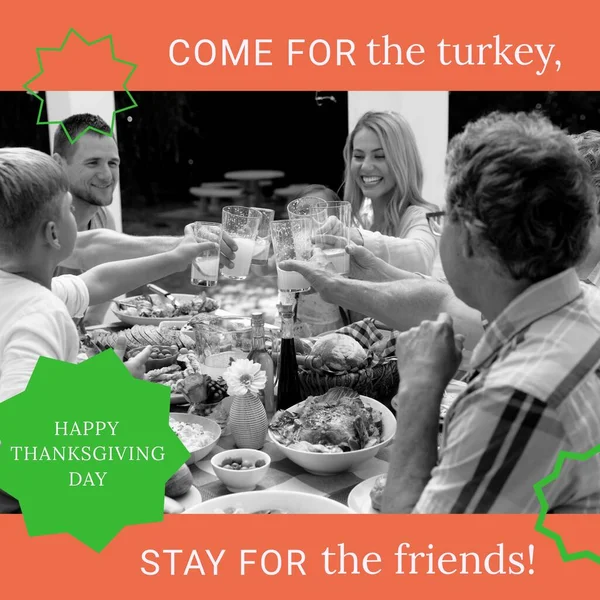 Composition Happy Thanksgiving Day Text Caucasian Family Having Dinner Thanksgiving — Foto de Stock