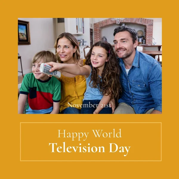 Composition of happy world television day text with caucasian family watching tv. Television day and celebration concept digitally generated image.