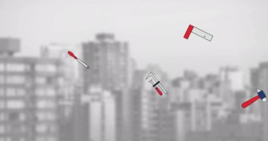 Animation of happy labor day text over cityscape. labor day and celebration concept digitally generated video.