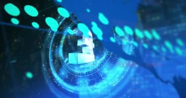 Data processing and pound symbol over a round scanner against world map on blue background. global economy and business technology concept