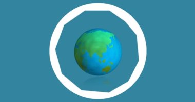 Digital animation of camera lens diaphragm icon over globe against blue background. world photo day awareness concept