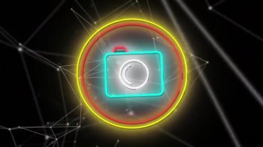 Network of connections over neon camera icon against black background. world photo day awareness concept