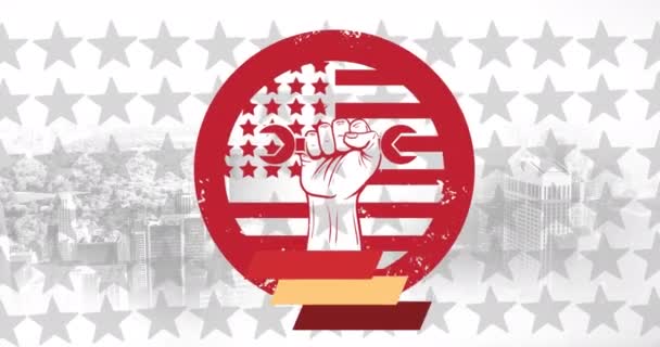 Animation Hand Tool Icon American Flag Cityscape Labor Day Celebration — Stockvideo