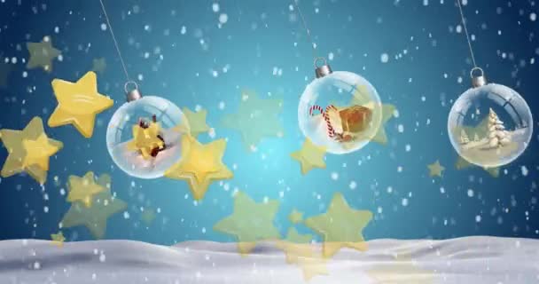 Animation Christmas Baubles Decoration Candy Cane Winter Landscape Christmas Festivity — Stock Video