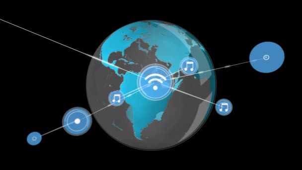 Animacja Sieci Połączeń Ikonami Czarnym Tle Globalne Przetwarzanie Danych Połączeń — Wideo stockowe