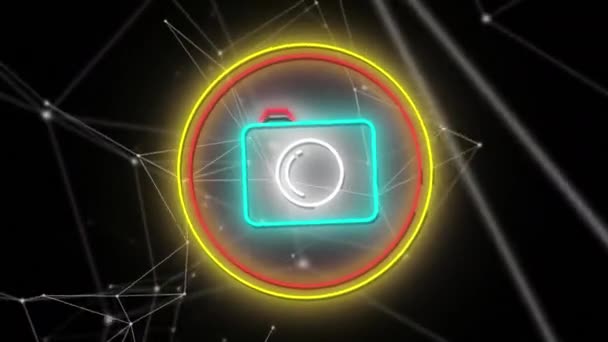 Network Connections Neon Camera Icon Black Background World Photo Day — Stok video