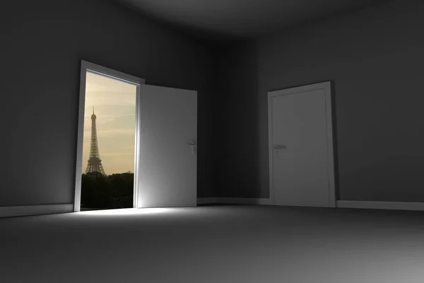 Illustrative Image Eiffel Tower Sky Seen Open Door — Stok fotoğraf