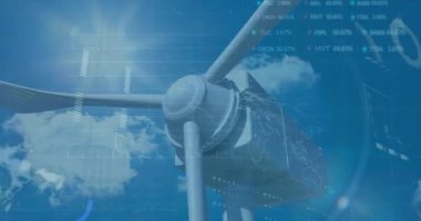 Rüzgar türbini üzerinde finansal veri işleme animasyonu. Küresel teknoloji, finans ve dijital arayüz kavramı dijital olarak oluşturulmuş video.