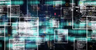 Siyah arkaplanda veri işleme animasyonu. küresel iş ve dijital arayüz kavramı dijital olarak oluşturulmuş video.