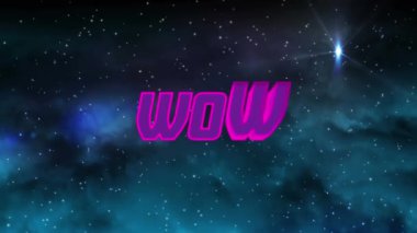 Sendeki animasyon, siyah arkaplandaki yıldızların metnini kazanıyor. Video oyunu dijital arayüz iletişimi ve dijital olarak oluşturulmuş eğlence konsepti.