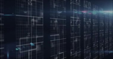 Siyah arkaplandaki şekillerin animasyonu. Küresel iş ve dijital arayüz kavramı dijital olarak oluşturulmuş video.