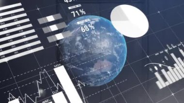 Dünya üzerindeki veri işleme ve küre animasyonları. Küresel bağlantılar iş dünyası dijital arayüz teknolojisi ve dijital olarak oluşturulan ağ konsepti.