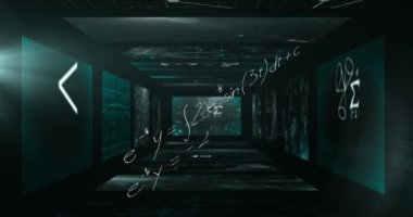 Matematiksel denklemler üzerinde veri işleme animasyonu. küresel iş ve dijital arayüz kavramı dijital olarak oluşturulmuş video.