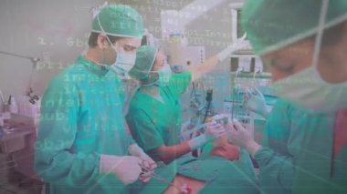 Ameliyat sırasında Kafkas cerrahları üzerinde veri işleme animasyonu. Küresel tıp ve dijital arayüz kavramı dijital olarak oluşturulmuş video.