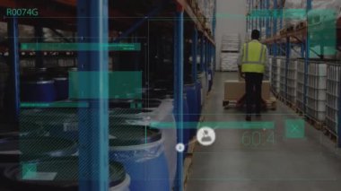 Depodaki işçiler üzerinden bağlantı ağının animasyonu. Küresel iş ve dijital arayüz kavramı dijital olarak oluşturulmuş video.