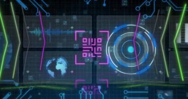 Siyah arkaplandaki veri işleme üzerinde bilgisayar devre kartı ile qr kodunun animasyonu. Küresel teknoloji, bilgisayar ve dijital arayüz kavramı dijital olarak oluşturulmuş video.