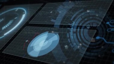 Siyah arkaplandaki finansal veri işleme alanındaki taramaların animasyonu. Dijital arayüz teknolojisi ve dijital olarak oluşturulan iletişim konsepti.