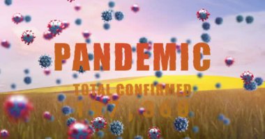 Manzara üzerindeki pandemik metin ve virüs hücrelerinin animasyonu. Dijital olarak oluşturulmuş küresel salgın ve dijital arayüz kavramı.