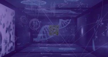 Siyah arkaplanda parlayan neon mavi tünele karşı parlayan qr kodunun dijital animasyonu. Küresel teknoloji ve dijital arayüz konsepti dijital olarak oluşturuldu.