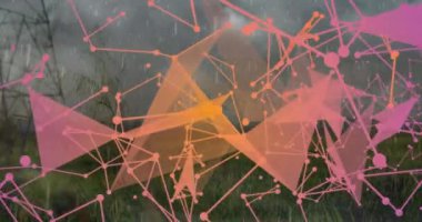 Manzara üzerinde hareket eden şekillerin animasyonu. Küresel iş ve dijital arayüz kavramı dijital olarak oluşturulmuş video.