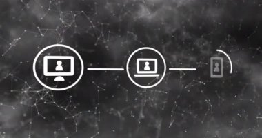 Medya simgelerinin üzerinde hareket eden şekillerin animasyonu. Küresel iş ve dijital arayüz kavramı dijital olarak oluşturulmuş video.