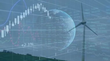 Rüzgâr türbini üzerinde finansal veri işleme ve küre animasyonu. Küresel teknoloji, finans ve dijital arayüz kavramı dijital olarak oluşturulmuş video.