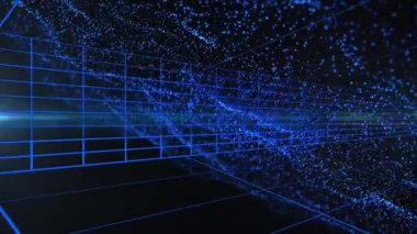 Siyah arkaplandaki çizgilerin üzerindeki ışık noktalarının animasyonu. Soyut arkaplan, ışık ve hareket kavramı dijital olarak oluşturulmuş video.