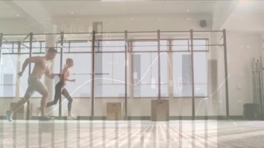 Ofiste yürüyen iş adamları üzerinde finansal veri işleme animasyonu. Spor ve spor konsepti dijital olarak oluşturulmuş görüntü.