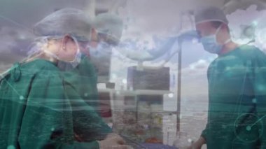 Muhtelif cerrahların şehir manzarasıyla olan bağlantılarının animasyonu. Küresel tıp, teknoloji ve dijital arayüz kavramı dijital olarak oluşturulmuş video.