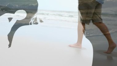 Sahilde beyaz bir adam yerine kadın siluetinin canlandırılması. Tatiller ve dijital arayüz kavramı dijital olarak oluşturulmuş video.