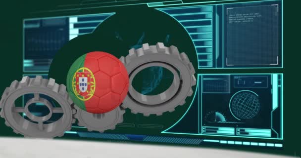 Animação Bola Com Bandeira Portugal Sobre Engrenagens Processamento Dados Conceito — Vídeo de Stock