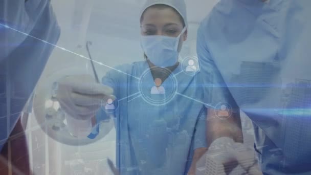 Animação Rede Conexões Com Ícones Sobre Diversos Cirurgiões Conceito Medicina — Vídeo de Stock