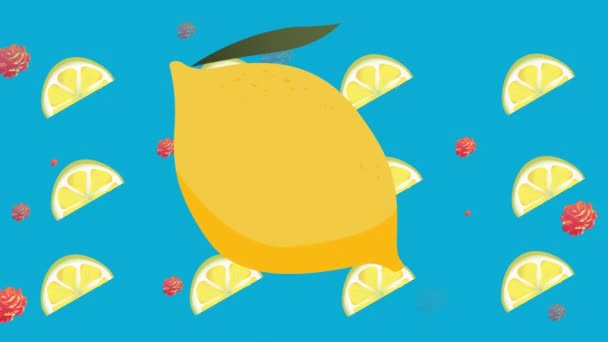 Animación Limón Sobre Rodajas Limón Rosas Sobre Fondo Azul Concepto — Vídeo de stock