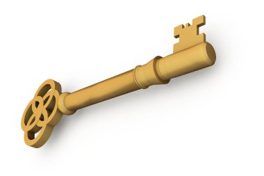 dijital olarak parlak altın anahtar beyaz arka planda oluşturulan