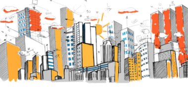 Digitally generated image of crowded city against sky