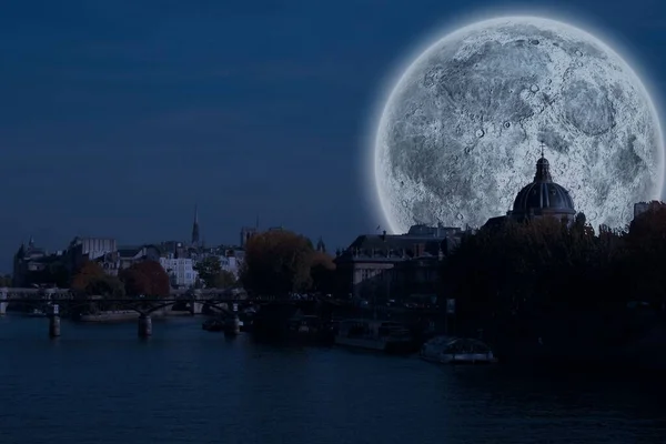 Digitally generated Large moon over river city