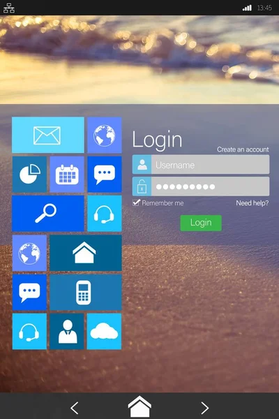 Various computer icons with login window on device screen