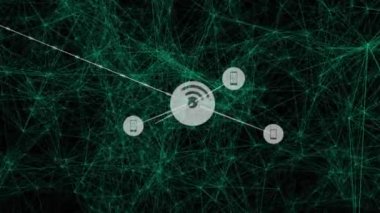 Siyah arkaplandaki simgelerle bağlantı ağının animasyonu. küresel bağlantılar, bilgisayar ve dijital arayüz konsepti dijital olarak oluşturulmuş video.