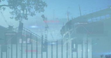 İnşaat alanındaki finansal veri işleme ve rüzgar türbinlerinin animasyonu. Küresel teknoloji, finans ve dijital arayüz kavramı dijital olarak oluşturulmuş video.