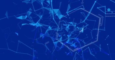 Mavi arkaplandaki bağlantı ağı üzerinden kimyasal formülün animasyonu. Küresel bağlantılar ve dijital arayüz konsepti dijital olarak oluşturulmuş video.