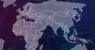 Dünya haritası üzerinde veri işleme animasyonu. küresel iş ve dijital arayüz kavramı dijital olarak oluşturulmuş video.