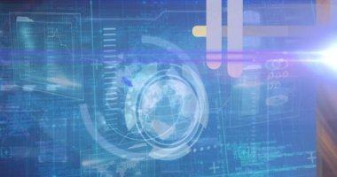 Dünya haritası üzerinde çeşitli verilerin animasyonu. Küresel iş dijital arayüzü teknolojisi ve dijital olarak oluşturulan ağ konsepti.