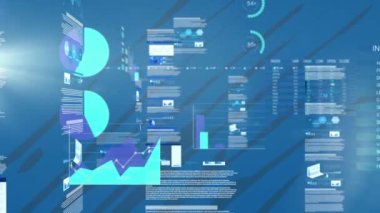 Mavi arkaplanda veri işleme animasyonu. küresel iş ve dijital arayüz kavramı dijital olarak oluşturulmuş video.