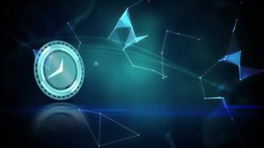 Dünya ile bağlantı ağı üzerinden hareket eden saatin animasyonu. Küresel teknoloji, finans ve dijital arayüz kavramı dijital olarak oluşturulmuş video.