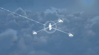 Animation of network of connections with icons and data processing over sky with clouds. Global technology, connections and digital interface concept digitally generated video.