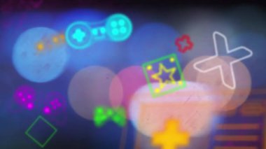 Işık noktalarının üzerinde oyun simgelerinin canlandırılması. Sosyal medya ve dijital arayüz konsepti dijital olarak oluşturulmuş video.