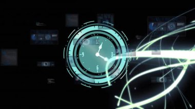 DNA zinciri üzerinde hareket eden saatin animasyonu ve takımyıldızlı siyah arkaplan. Dijital olarak oluşturulan küresel iletişim ve veri güvenliği kavramı.