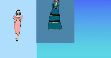 Mavi arka planda model simgelerinin canlandırılması. Moda, güzellik ve yaşam tarzı konsepti dijital olarak oluşturulmuş video.