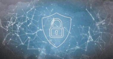 Asma kilit üzerinde hareket eden şekillerin animasyonu. Küresel iş ve dijital arayüz kavramı dijital olarak oluşturulmuş video.